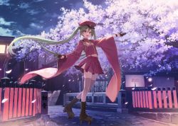 Rule 34 | 1girl, aqua hair, architecture, blush, boots, branch, bridge, brown footwear, building, cherry blossoms, cloud, cross-laced footwear, east asian architecture, falling petals, floating hair, flower, fukahire (ruinon), full body, gloves, hakama, hakama skirt, half gloves, hat, hatsune miku, highres, house, japanese clothes, lace-up boots, long hair, long sleeves, looking at viewer, meiji schoolgirl uniform, miniskirt, moon, night, night sky, open mouth, outdoors, outstretched arm, outstretched arms, petals, pink flower, pleated skirt, railing, red eyes, red hat, scenery, skirt, sky, solo, standing, thighhighs, tree, twintails, very long hair, vocaloid, walking, wide sleeves