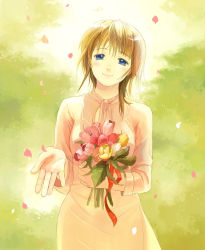 Rule 34 | bad id, bad pixiv id, blue eyes, blush, bouquet, brown hair, dress, flower, highres, luine, petals, smile, solo, takeda mika, tulip