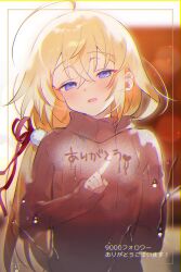 Rule 34 | 1boy, :d, against glass, ahoge, androgynous, bishounen, blonde hair, blue eyes, blurry, blurry background, blush, brown sweater, chromatic aberration, condensation, crossed bangs, food, glass writing, hair between eyes, hair ornament, hair ribbon, heart, highres, index finger raised, long hair, long sleeves, looking at viewer, low ponytail, male focus, mama (marui shiro), marui shiro, milestone celebration, open mouth, original, pointing, pom pom (clothes), ponytail, red ribbon, ribbon, sleeves past wrists, smile, solo, sweater, thank you, trap, turtleneck, turtleneck sweater, upper body, very long hair, window, window fog