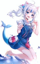 Rule 34 | 1girl, amaki ruto, animal ears, blue eyes, blue hair, cat ears, fins, fish tail, gawr gura, gawr gura (casual), highres, hololive, hololive english, looking at viewer, multicolored hair, official alternate costume, open mouth, shark tail, silver hair, smile, solo, streaked hair, tail, virtual youtuber