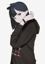 Rule 34 | 1girl, :/, alternate costume, alternate hair length, alternate hairstyle, black wristband, blue eyes, blunt bangs, commentary, earrings, english commentary, from side, goth fashion, hand up, highres, hololive, hololive english, hood, hood down, hooded sweater, jewelry, ku roiko, long sleeves, looking at viewer, ninomae ina&#039;nis, pointy ears, ring, simple background, solo, stud earrings, sweater, upper body, virtual youtuber, white background, wristband