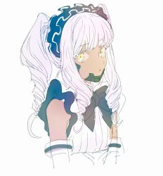 Rule 34 | 1girl, black bow, black bowtie, bow, bowtie, chin strap, closed mouth, commentary request, dress, drill hair, elbow gloves, frilled hairband, frills, gloves, hairband, highres, maruchi, original, simple background, solo, upper body, white background, white dress, white hair, yellow eyes