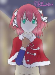 Rule 34 | 1girl, aqua eyes, artist name, artist request, blue sweater, blush, brown gloves, brown pants, clenched hand, cloud, coat, female focus, gloves, green eyes, hair between eyes, hair ribbon, highres, kurosawa ruby, looking at viewer, love live!, love live! sunshine!!, night, night sky, outdoors, pants, parted lips, red coat, red hair, ribbon, short hair, sky, slime12321, smile, solo, sweater, white ribbon