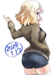 Rule 34 | 1girl, ass, blonde hair, blue eyes, blue shorts, blush, breasts, buchikaki, dated, girls und panzer, hand in pocket, highres, kay (girls und panzer), large breasts, military uniform, open mouth, saunders military uniform, short hair, short shorts, shorts, simple background, smile, solo, thighhighs, uniform, white background, white thighhighs