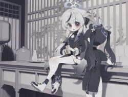 Rule 34 | 2girls, absurdres, animal ears, black dress, black hair, black jacket, black socks, blue archive, blue halo, blush, commentary, cup, dress, drink, drinking straw, extra ears, grey hair, halo, highres, holding, holding drink, jacket, kettle, kokona (blue archive), long hair, long sleeves, multiple girls, open clothes, open jacket, open mouth, orange eyes, rcs 4, shoes, short sleeves, shun (blue archive), shun (small) (blue archive), sitting, smile, socks, striped clothes, striped dress, symbol-only commentary, tiger ears, two side up, vertical-striped clothes, vertical-striped dress, white footwear