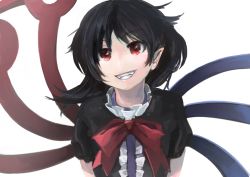Rule 34 | 1girl, asymmetrical wings, black dress, black hair, bow, dress, grin, houjuu nue, ichiba youichi, pointy ears, puffy short sleeves, puffy sleeves, red eyes, short sleeves, simple background, smile, solo, touhou, upper body, wings