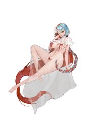 Rule 34 | 1girl, absurdly long hair, areola slip, asymmetrical bangs, blue hair, braid, breasts, collar, covered navel, dress, finger to mouth, floating, flower, frilled collar, frilled dress, frills, full body, game cg, green eyes, hair flower, hair ornament, highres, large breasts, last origin, light blue hair, long hair, multicolored hair, neodym, nightgown, official alternate costume, official art, open mouth, red hair, red ribbon, ribbon, rorobomb, see-through, simple background, slingshot swimsuit, solo, swimsuit, tachi-e, transparent background, two-tone hair, very long hair, white dress, white flower