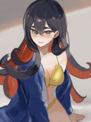 1girl black_hair blue_jacket blush bra breasts carmine_(pokemon) cleavage closed_mouth colored_inner_hair creatures_(company) crossed_bangs game_freak hair_between_eyes highres jacket long_hair looking_at_viewer mole mole_under_eye multicolored_hair nintendo panties pokemon pokemon_sv red_hair ringosan2329 single_off_shoulder smile solo two-tone_hair underwear yellow_bra yellow_eyes yellow_panties