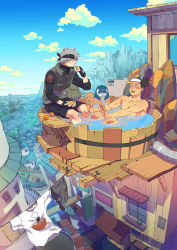 Rule 34 | 2boys, bag, bandages, barrel, bath, bathing, brown hair, closed eyes, clothesline, cloud, day, drum (container), eating, fingerless gloves, food, forehead protector, fruit, gloves, hatake kakashi, highres, lotus temple, male focus, mask, mountain, multiple boys, naruto, naruto (series), noodles, nude, orange (fruit), outdoors, pants, pants rolled up, plant, ponytail, ramen, rooftop, same-sex bathing, scar, shared bathing, shirt, short hair, sign, silver hair, sky, sleeves rolled up, soaking feet, t-shirt, tan, toned, tree, tub, umino iruka, vanishing point, vest, water