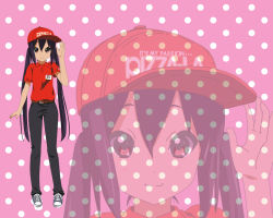Rule 34 | 1girl, belt, black hair, brown eyes, denim, employee uniform, fast food uniform, hat, jeans, k-on!, long hair, nakano azusa, name tag, pants, shoes, smile, sneakers, solo, sum q, twintails, uniform, wallpaper, zoom layer