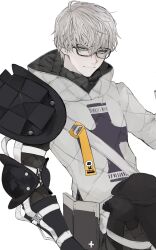 Rule 34 | 1boy, absurdres, armor, barcode, black-framed eyewear, black armor, blue eyes, coat, cross, fate/grand order, fate/grand order arcade, fate (series), glasses, grey hair, hair between eyes, highres, hood, hooded coat, jacques de molay (saber) (fate), jtgbaaa, knee up, light smile, looking at viewer, male focus, padded coat, pauldrons, shoulder armor, simple background, single pauldron, solo, strap, white background, white coat