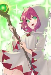Rule 34 | 1girl, :d, dress, final fantasy, final fantasy v, green eyes, holding, holding staff, hood, hood up, hooded dress, kiyuu, lenna charlotte tycoon, long sleeves, looking at viewer, open mouth, pink hair, short hair, smile, solo, staff, white dress, white mage, wide sleeves