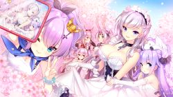 Rule 34 | 6+girls, :d, :o, ;), animal ears, apron, azur lane, bare shoulders, belfast (azur lane), black bow, black gloves, black ribbon, blue eyes, blue sky, blush, bow, braid, breasts, broken, broken chain, camisole, chain, cherry blossoms, cleavage, commentary request, crown, day, detached sleeves, dmyomyo, dress, elbow gloves, fingernails, flower, frilled skirt, frills, fur-trimmed jacket, fur trim, gloves, hair between eyes, hair bun, hair ornament, hair ribbon, hammann (azur lane), highres, hiryuu (azur lane), holding, jacket, javelin (azur lane), laffey (azur lane), large breasts, long hair, long sleeves, maid, maid headdress, medium breasts, mini crown, multiple girls, hugging object, one eye closed, one side up, open mouth, outdoors, parted lips, partially fingerless gloves, petals, pink flower, pink jacket, ponytail, purple eyes, purple hair, rabbit ears, red bow, red eyes, ribbon, side bun, sidelocks, signature, silver hair, single side bun, skirt, sky, sleeveless, sleeveless dress, small breasts, smile, stuffed animal, stuffed pegasus, stuffed toy, stuffed unicorn, teeth, twintails, unicorn (azur lane), upper teeth only, v, very long hair, white apron, white camisole, white gloves