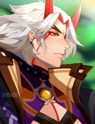 Rule 34 | 1boy, absurdres, arataki itto, blurry, blurry background, depth of field, earrings, facepaint, facial mark, genshin impact, highres, horns, jewelry, male focus, mihushi, oni, oni horns, pendant, red eyes, red horns, solo, twitter username, upper body, white hair