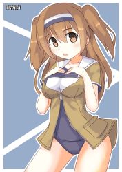 Rule 34 | 1girl, artist logo, breasts, brown eyes, brown hair, cowboy shot, hairband, highres, i-26 (kancolle), jacket, kantai collection, large breasts, light brown hair, long hair, name tag, one-piece swimsuit, open mouth, pepatiku, sailor collar, school swimsuit, short sleeves, solo, swimsuit, swimsuit under clothes, two-tone hairband, two side up