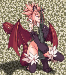 Rule 34 | 1girl, animal ear fluff, animal ears, animal hands, artist request, bat wings, breasts, bulletproof vest, camouflage, camouflage background, general-purpose machine gun, gun, highres, large breasts, licking, looking at viewer, m60, machine gun, manticore (monster girl encyclopedia), monster girl, monster girl encyclopedia, pink hair, red eyes, sideboob, solo, tail, thighs, tongue, tongue out, vest, weapon, wings