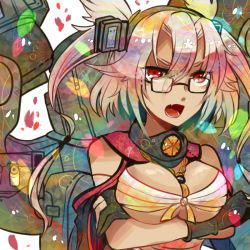 Rule 34 | 10s, 1girl, bad id, bad pixiv id, blonde hair, blush, breasts, budget sarashi, cannon, dark skin, dark-skinned female, fingerless gloves, glasses, gloves, headgear, itomugi-kun, kantai collection, large breasts, musashi (kancolle), open mouth, personification, pointy hair, red eyes, sarashi, short hair, solo, turret, twintails, two side up
