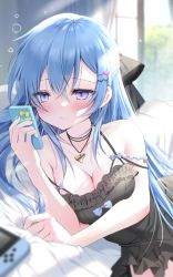 Rule 34 | 1girl, absurdres, black dress, blue hair, blush, breasts, cellphone, cleavage, closed mouth, crossed bangs, dress, emori miku, hair between eyes, highres, holding, holding phone, jewelry, liver city, long hair, lying, necklace, on bed, on side, phone, purple eyes, smartphone, solo, yoruhoshi owl