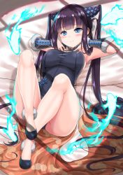 Rule 34 | 1girl, ass, bare shoulders, black dress, black footwear, blue eyes, blue fire, blunt bangs, blush, breasts, china dress, chinese clothes, closed mouth, detached sleeves, dress, fate/grand order, fate (series), fire, fish, floral print, hair ornament, hands on own chest, high heels, highres, knees up, large breasts, legs, long hair, looking at viewer, lying, miyuki rei, on back, purple hair, sidelocks, smile, solo, twintails, very long hair, yang guifei (fate), yang guifei (second ascension) (fate)