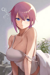Rule 34 | 1girl, arm support, bare shoulders, blanket, blue eyes, blush, breasts, camisole, cleavage, closed mouth, collarbone, go-toubun no hanayome, highres, indoors, large breasts, looking at viewer, nakano ichika, pink hair, short hair, solo, sooon, strap slip, under covers, upper body, waking up