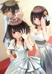 Rule 34 | 1boy, 2girls, alternate costume, bare shoulders, black vest, blush, bow, breasts, brown eyes, brown hair, choker, cleavage, collarbone, collared shirt, commentary request, dress, flat chest, formal, grey bow, grey jacket, grey pants, hair bow, hand up, highres, husband and wives, izawa (bhive003), jacket, jewelry, kono subarashii sekai ni shukufuku wo!, large breasts, long hair, megumin, multiple girls, off-shoulder dress, off shoulder, pants, red eyes, ring, satou kazuma, shirt, skindentation, smile, vest, wedding dress, white choker, white dress, white shirt, yunyun (konosuba)