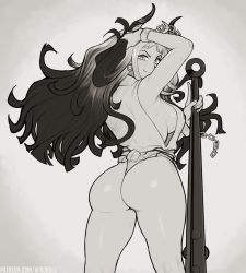 Rule 34 | 1girl, afrobull, arm up, armpits, ass, bare arms, bare legs, bare shoulders, breasts, chain, closed mouth, club, club (weapon), commentary, cuffs, earrings, english commentary, fingernails, from behind, fundoshi, grey background, greyscale, highres, holding, holding weapon, horns, index finger raised, japanese clothes, jewelry, kanabou, kneepits, long hair, looking at viewer, looking back, monochrome, multicolored hair, no pants, one piece, oni, planted, shackles, sideboob, sidelocks, simple background, smile, solo, sweat, weapon, yamato (one piece)