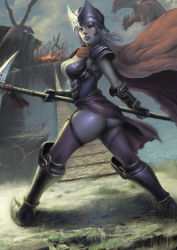 Rule 34 | 1girl, 2.5d, armor, armored boots, ass, boots, breasts, bridge, cape, cleavage, cliff, dragon, fantasy, gauntlets, gloves, helmet, ocean, polearm, shoulder armor, skirt, spear, thighhighs, weapon