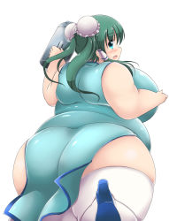 Rule 34 | 1girl, :o, ass, bare arms, bare shoulders, blue eyes, blush, breasts, bun cover, carafe, china dress, chinese clothes, dress, fat, fat rolls, from behind, green hair, hair tubes, high heels, highres, huge breasts, kochiya sanae, kurokaze no sora, long hair, looking at viewer, obese, open mouth, solo, sweatdrop, thick arms, thick thighs, thighhighs, thighs, touhou, twintails, white thighhighs, wide hips