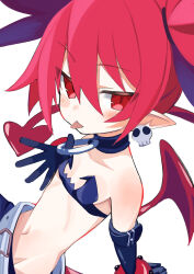Rule 34 | 1girl, :p, absurdres, blush, choker, commentary request, demon girl, demon tail, demon wings, disgaea, earrings, etna (disgaea), flat chest, highres, jewelry, looking at viewer, makai senki disgaea, navel, o-ring, o-ring choker, partial commentary, pointy ears, red eyes, red hair, red tail, red wings, rotroto, simple background, skull earrings, solo, tail, tongue, tongue out, upper body, white background, wings