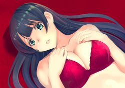 Rule 34 | 10s, 1girl, agano (kancolle), black hair, bra, breasts, green eyes, highres, kantai collection, large breasts, long hair, masukuza j, open mouth, red background, red bra, simple background, solo, underwear, veins, veiny breasts