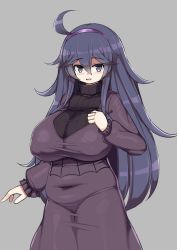 Rule 34 | 1girl, @ @, ahoge, alternate breast size, black hair, blue eyes, blush, breast hold, breasts, covered erect nipples, covered navel, creatures (company), curvy, dress, game freak, grey background, hair between eyes, hairband, hex maniac (pokemon), huge ahoge, huge breasts, large breasts, long hair, looking at viewer, messy hair, nintendo, open mouth, plump, pokemon, pokemon xy, purple hair, purple hairband, sawati, sidelocks, simple background, solo, sweater, tight clothes, tight dress, turtleneck, turtleneck sweater