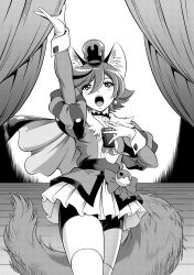 Rule 34 | 10s, 1girl, animal ears, bike shorts, cape, choker, cure chocolat, dog ears, dog tail, earrings, extra ears, gloves, greyscale, hat, highres, jewelry, kenjou akira, kirakira precure a la mode, magical girl, mattsua, monochrome, necklace, open mouth, precure, puffy sleeves, short hair, skirt, solo, tail, thighhighs, white gloves