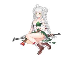 Rule 34 | 1girl, 43m (girls frontline), ahoge, braid, braided bun, breasts, damaged, dress, female focus, girls&#039; frontline, green eyes, gun, hair bun, hungarian flag, long hair, looking at viewer, official art, shoes, solo, tamaxi, torn clothes, transparent background, twin braids, twintails, weapon, white hair