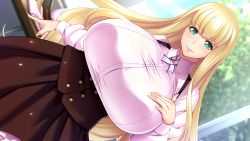 Rule 34 | 1girl, aoi nagisa (metalder), blonde hair, blunt bangs, blush, breasts, classroom, closed mouth, collar, desk, dutch angle, female focus, game cg, green eyes, hadashi shoujo, hand on own chest, hand up, happy, huge breasts, indoors, light blush, long hair, looking at viewer, nose blush, princess heart link ~kenki-tachi no enbu~, rose sinclair, skirt, smile, solo, standing, tree, window