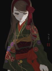 Rule 34 | 1girl, absurdres, asa no ha (pattern), black background, brown eyes, brown hair, closed mouth, commentary request, floral print, flower, green kimono, hair flower, hair ornament, hairband, half-closed eyes, highres, japanese clothes, kikumon, kimono, long hair, long sleeves, looking at viewer, obi, obiage, obijime, original, print kimono, red flower, red hairband, red sash, sash, seal impression, shadow, signature, simple background, solo, standing, straight hair, tassel, upper body, ushiyama ame