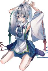 Rule 34 | 1girl, absurdres, black footwear, blue eyes, blue skirt, commentary request, detached sleeves, full body, grey hair, hair intakes, highres, japanese clothes, jigsaw paru, kariginu, long hair, looking at viewer, mononobe no futo, no headwear, pom pom (clothes), ponytail, ribbon-trimmed sleeves, ribbon trim, simple background, sitting, skirt, solo, touhou, tying hair, wariza, white background, wide sleeves
