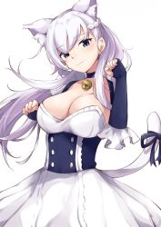 Rule 34 | animal ears, apron, azur lane, belfast (azur lane), braid, breasts, chain, cleavage, collar, collarbone, commentary, corset, french braid, frilled apron, frilled gloves, frills, gloves, highres, hoshimiya mashiro, kemonomimi mode, large breasts, maid, maid apron, maid headdress, paw pose, solo, symbol-only commentary, white apron, white gloves, white hair