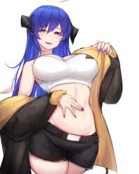 Rule 34 | 1girl, :d, absurdres, arknights, bad id, bad twitter id, bare shoulders, black jacket, black shorts, blue eyes, blue hair, blue nails, breasts, cleavage, commentary request, cowboy shot, crop top, hair between eyes, highres, horns, jacket, large breasts, long hair, long sleeves, looking at viewer, midriff, mostima (arknights), nail polish, off shoulder, official alternate costume, open clothes, open jacket, open mouth, rikuguma, short shorts, shorts, simple background, smile, solo, standing, stomach, very long hair, white background