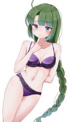 Rule 34 | 1girl, absurdres, ahoge, arm behind back, blue eyes, blush, bra, braid, breasts, finger to mouth, green hair, haggy, highres, index finger raised, kantai collection, lingerie, long hair, medium breasts, mole, mole under mouth, panties, purple bra, purple panties, simple background, single braid, solo, underwear, white background, yuugumo (kancolle)