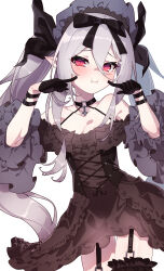 Rule 34 | 1girl, absurdres, azur lane, bare shoulders, black bow, black corset, black dress, black gloves, black ribbon, black thighhighs, blush, bow, breasts, choker, cleavage, collarbone, commentary, contrapposto, corset, cross, dress, embarrassed, finger to cheek, frilled dress, frills, garter straps, gloves, grey hair, hair between eyes, hair bow, hair ribbon, halterneck, head tilt, headdress, highres, inverted cross, long hair, looking at viewer, marimo daifuku, o-ring, o-ring choker, pointy ears, pout, red eyes, ribbon, simple background, slit pupils, small breasts, solo, standing, thigh gap, thighhighs, twintails, vampire (azur lane), vampire (meta) (azur lane), very long hair, white background, wrist straps