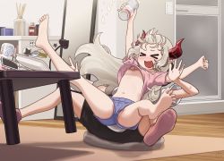 Rule 34 | &gt; &lt;, 1boy, 1girl, :d, alcohol, barefoot, beer, beer can, blush, breasts, can, carpet, cellphone, closed eyes, curled horns, cushion, demon girl, demon horns, demon tail, drink can, drunk, emma august, eyeharmheart, fang, foam, full body, grey hair, heart, heart in mouth, highres, horns, incense, indoors, long hair, navel, nijisanji, nipples, no bra, no panties, nose blush, open mouth, outstretched arms, outstretched legs, phone, pointy ears, red horns, shirt, short shorts, shorts, sitting, sitting on lap, sitting on person, skin fang, small breasts, smartphone, smile, socks, spoon, spread legs, spread toes, sweatdrop, t-shirt, table, tail, toes, upshirt, upshorts, virtual youtuber, xd