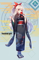 Rule 34 | 1girl, black kimono, blush, breasts, brown footwear, candy apple, dungeon and fighter, egasumi, english text, fang, floral print, food, full body, fur-trimmed legwear, fur trim, geta, hair between eyes, hair ribbon, high ponytail, highres, holding, holding food, japanese clothes, kimono, light brown hair, long hair, long sleeves, looking at viewer, obi, original, parted lips, ponytail, pouch, print kimono, red eyes, red ribbon, ribbon, sash, small breasts, socks, solo, standing, sugar (dndi888), very long hair, white socks, wide sleeves
