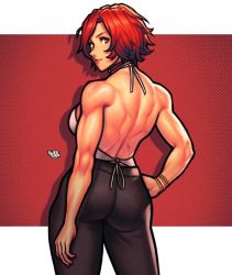 Rule 34 | 1girl, ass, back, brown pants, jewelry, lip biting, mature female, muscular, muscular female, necklace, pants, red eyes, red hair, shirt, short hair, smile, snk, the king of fighters, vanessa (kof), vj99, white shirt