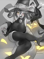 1girl black_leotard blair_(soul_eater) boots breasts detached_sleeves dress grey_background greyscale happy harutoyumaarts hat jack-o&#039;-lantern large_breasts leg_up leotard long_hair looking_at_viewer monochrome one_eye_closed open_mouth pumpkin sitting smile solo soul_eater sparkle thigh_boots thighs turtleneck turtleneck_dress wide_hips witch witch_hat yellow_eyes