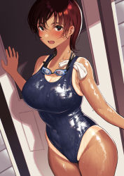 Rule 34 | 1girl, :d, bare arms, bare shoulders, blue one-piece swimsuit, blush, breasts, cleavage, commentary request, competition swimsuit, covered navel, cowboy shot, door, ear blush, fang, goggles, goggles around neck, highleg, highleg swimsuit, highres, large breasts, looking at viewer, one-piece swimsuit, one-piece tan, open door, open mouth, original, red eyes, red hair, shiny clothes, shiny skin, short hair, skin fang, smile, solo, swimsuit, tan, taniguchi daisuke (surumenium), tanline, water, wet, wet clothes, wet swimsuit