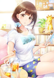 Rule 34 | 1girl, absurdres, bad id, bad pixiv id, blue bow, blue shorts, blurry, blurry background, blurry foreground, blush, book, bookshelf, bow, breasts, brown eyes, brown hair, bulletin board, collarbone, commentary, cup, depth of field, drink, drinking glass, english commentary, hair ornament, hair over shoulder, hairclip, highres, holding, holding book, indoors, large breasts, lemon print, looking at viewer, medium hair, mole, mole under eye, mono lith, original, parted lips, plant, potted plant, pov, pov hands, print shirt, shirt, short sleeves, shorts, sitting, solo focus, stuffed animal, stuffed giraffe, stuffed toy, t-shirt, thighs, white shirt