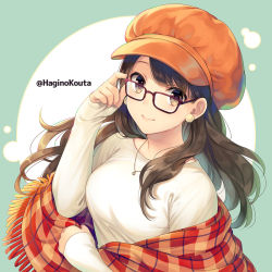 Rule 34 | 1girl, adjusting eyewear, breasts, brown eyes, brown hair, cabbie hat, closed mouth, commentary request, commission, earrings, fringe trim, glasses, green background, hagino kouta, hand on eyewear, hand up, hat, jewelry, long hair, long sleeves, looking at viewer, medium breasts, orange hat, orange scarf, original, plaid, plaid scarf, red-framed eyewear, scarf, shirt, signature, skeb commission, sleeves past wrists, smile, solo, two-tone background, upper body, white shirt