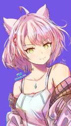 Rule 34 | 1girl, ahoge, animal ear fluff, animal ears, bare shoulders, braid, breasts, camisole, character name, collarbone, commentary, copyright name, dated, grey jacket, highres, jacket, looking at viewer, milo monzon, mio (xenoblade), off shoulder, open clothes, open jacket, pink hair, purple background, romaji commentary, signature, simple background, small breasts, solo, upper body, white camisole, xenoblade chronicles (series), xenoblade chronicles 3, yellow eyes