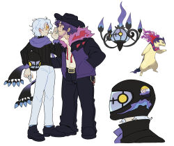 Rule 34 | 2boys, absurdres, beard, black footwear, black headwear, black pants, black sweater, chandelure, cigarette, closed mouth, commentary, creatures (company), english commentary, facial hair, full body, game freak, gen 5 pokemon, hand in pocket, hat, helmet, highres, hisuian typhlosion, holding, holding lighter, key, lighter, long sleeves, looking at another, magicact, male focus, motorcycle helmet, multiple boys, mustache, nintendo, non-binary flag, pants, personification, pokemon, pokemon (creature), pokemon tower ghost, purple hair, purple scarf, scarf, shirt, shoes, short hair, simple background, standing, sweater, tinted eyewear, white background, white hair, white pants, white shirt, yaoi, yellow-tinted eyewear