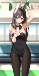 Rule 34 | 1girl, :o, absurdres, animal ears, arm up, armpits, black bow, black hair, black leotard, black pantyhose, blue eyes, blush, bow, breasts, cellphone, covered navel, dduck kong, detached collar, fake animal ears, groin, hair over shoulder, hand grip, highres, holding, holding phone, iphone, iphone 11 pro, large breasts, leotard, long hair, looking at phone, original, pantyhose, phone, playboy bunny, rabbit ears, seat, smartphone, solo, train interior, very long hair, wrist cuffs